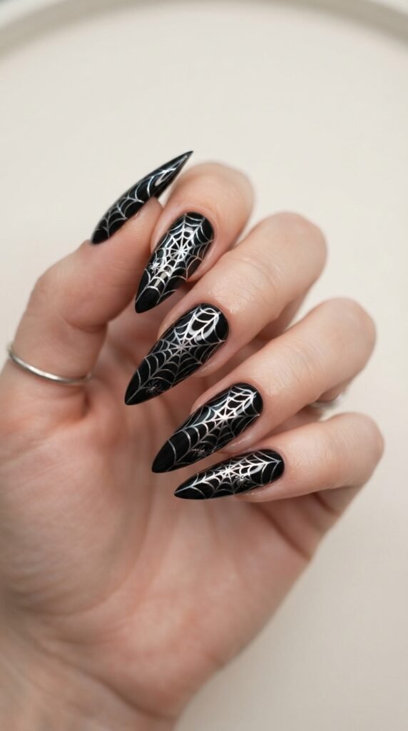 Silver Chrome Cobweb Halloween Nail Art