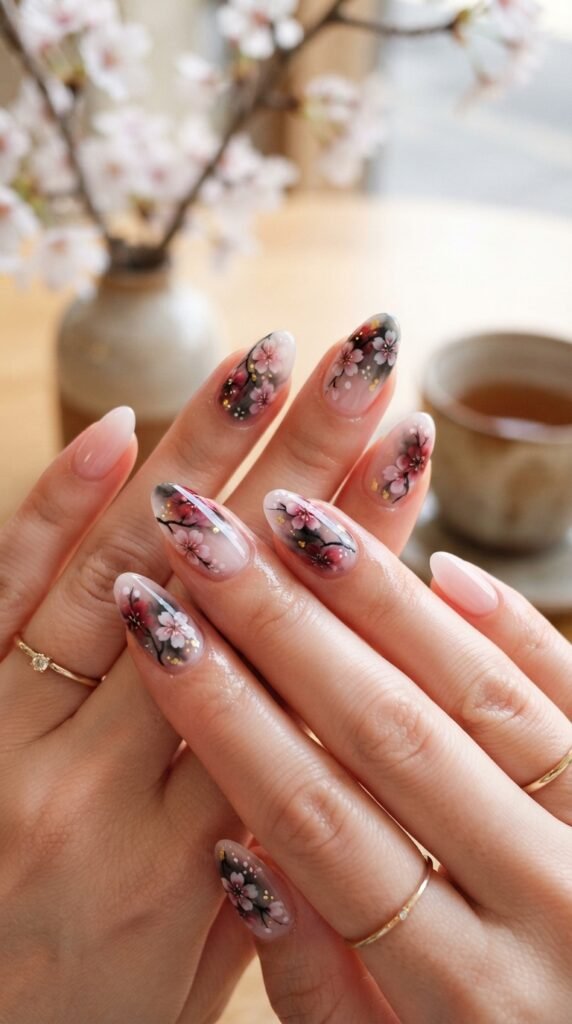Smoked Cherry Bloom Gel Nails