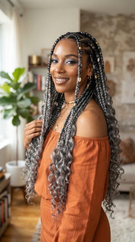 Smoky Silver Goddess Braids Hairstyle