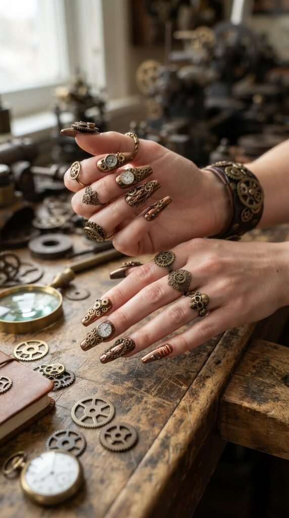 Steampunk Bronze Chrome Nails
