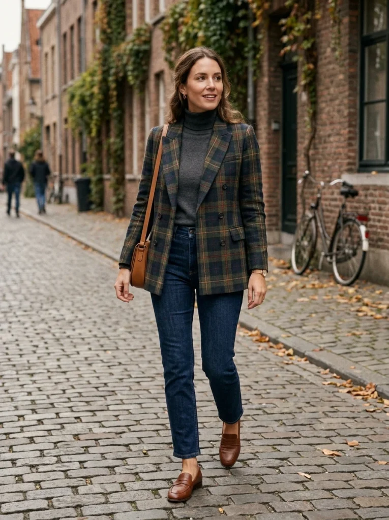Tailored Plaid Blazer and Jeans