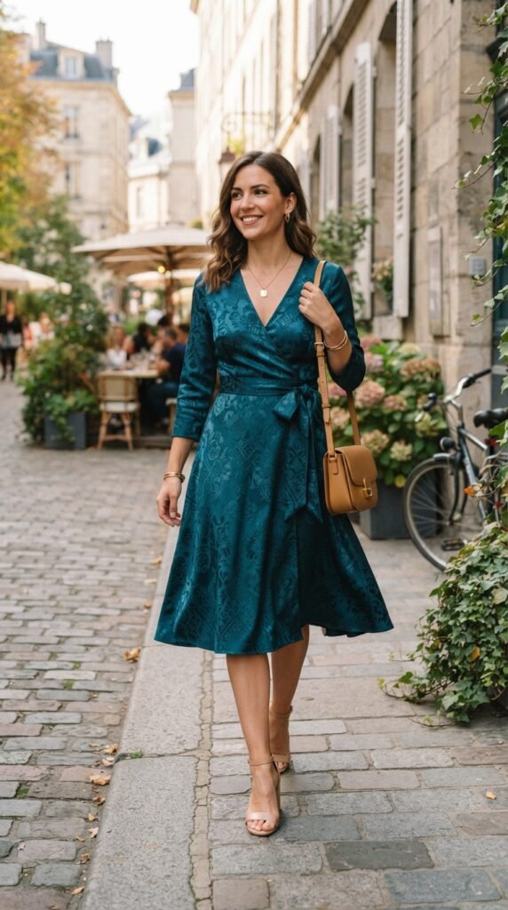 The Deep Teal Jacquard Wrap Dress Outfit