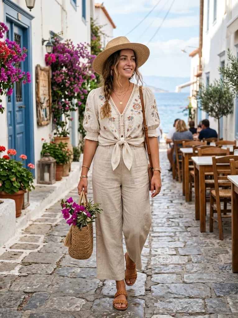 Tie-Front Boho Top with Linen Pants