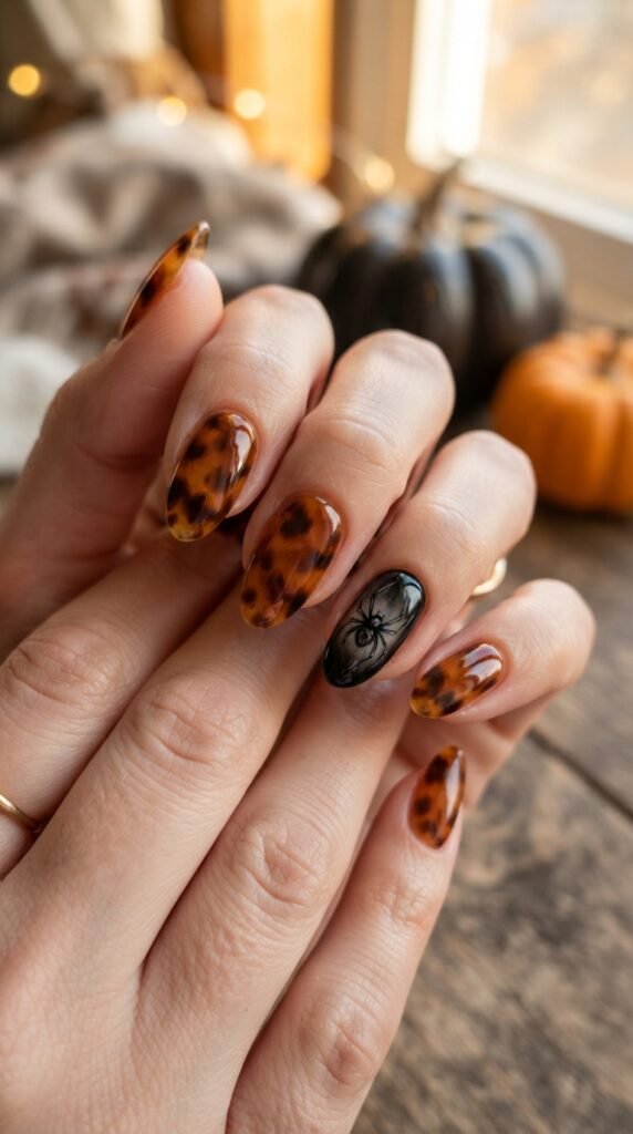Tortoise Shell Spider Halloween Nail Art