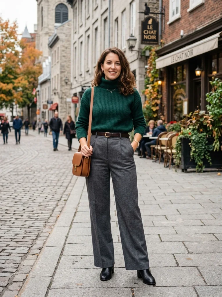 Turtleneck Sweater and High-Waisted Trousers