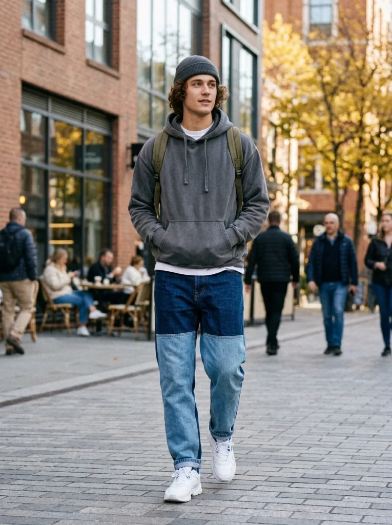 Two-Tone Denim Jeans and Casual Hoodie