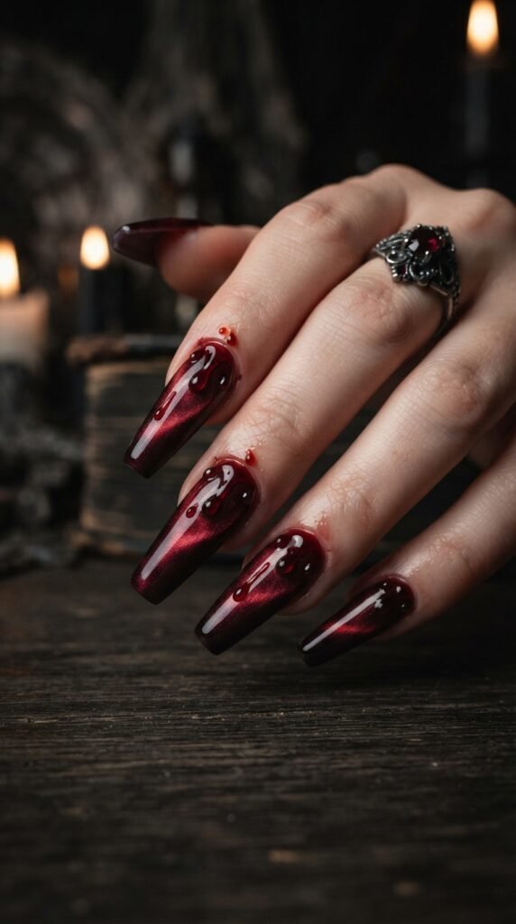 Velvet Cat Eye Vampire Blood Halloween Nail Art