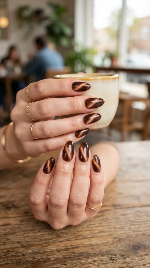 Warm Espresso Velvet Cat-Eye Nails