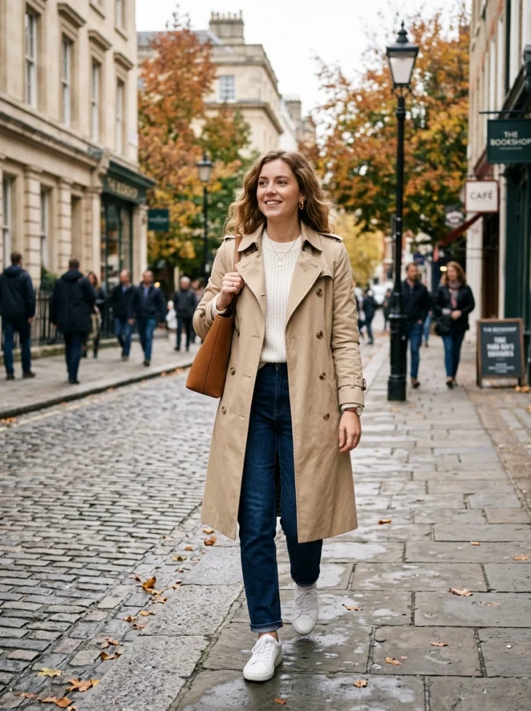 White Crewneck Sweater and Trench Coat
