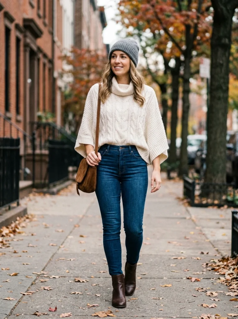 White Poncho Sweater and Skinny Jeans