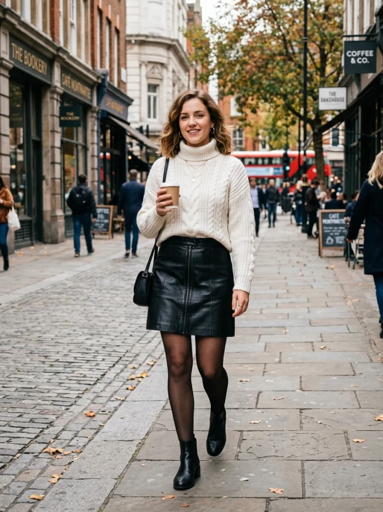 White Pullover and Leather Skirt