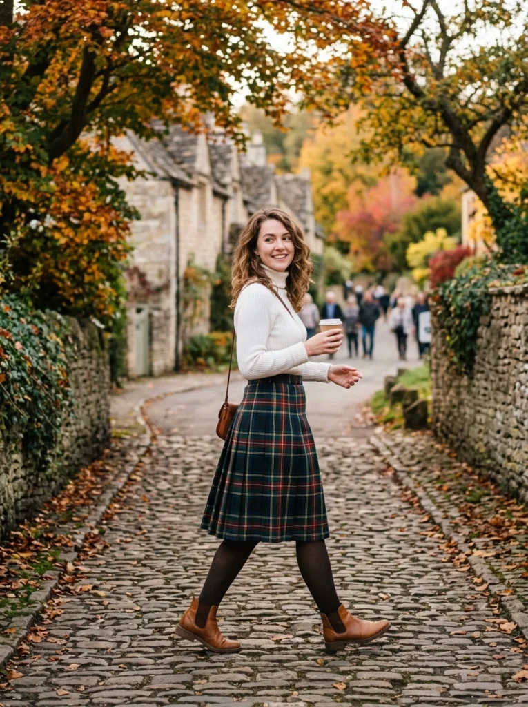 White Turtleneck and Plaid Skirt