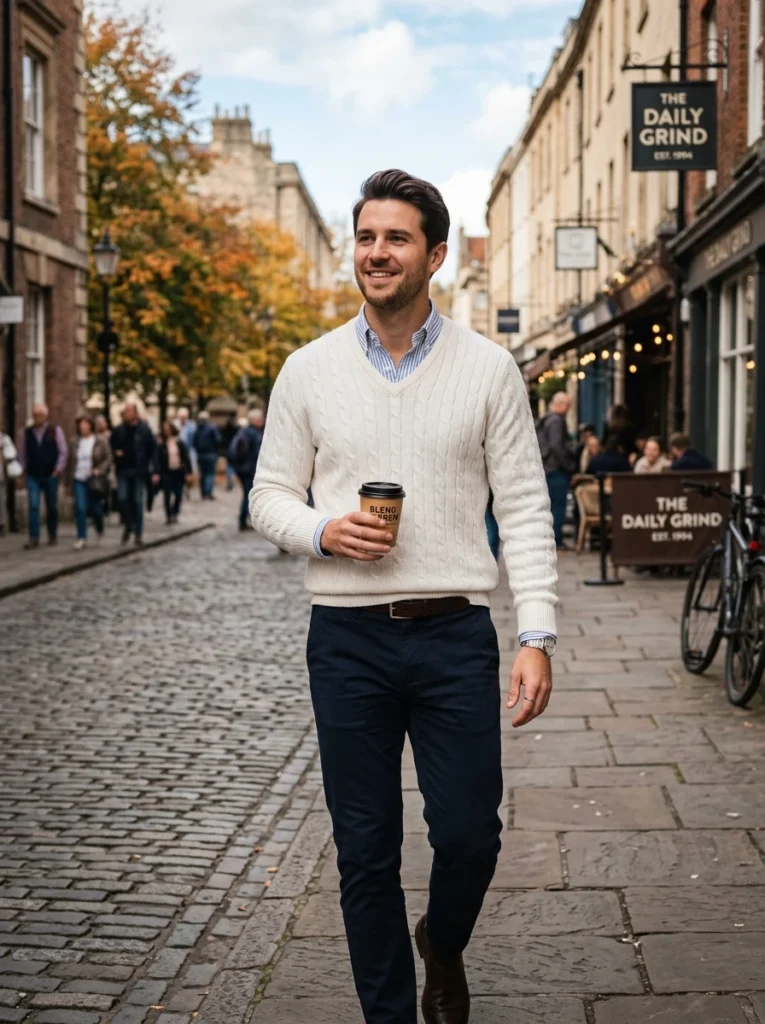 White V-Neck Sweater and Collared Shirt