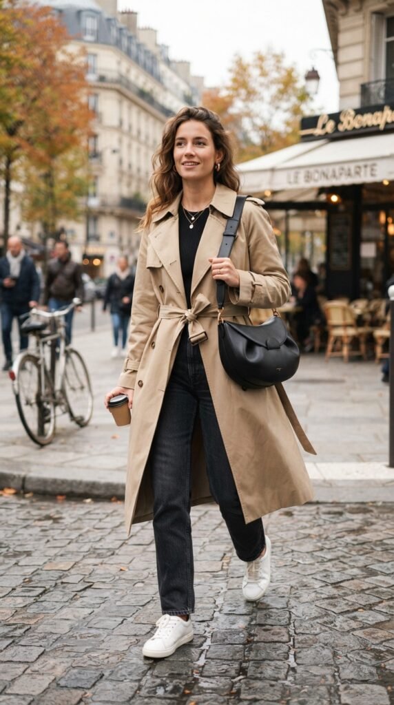 Crescent Bag with a Trench Coat
