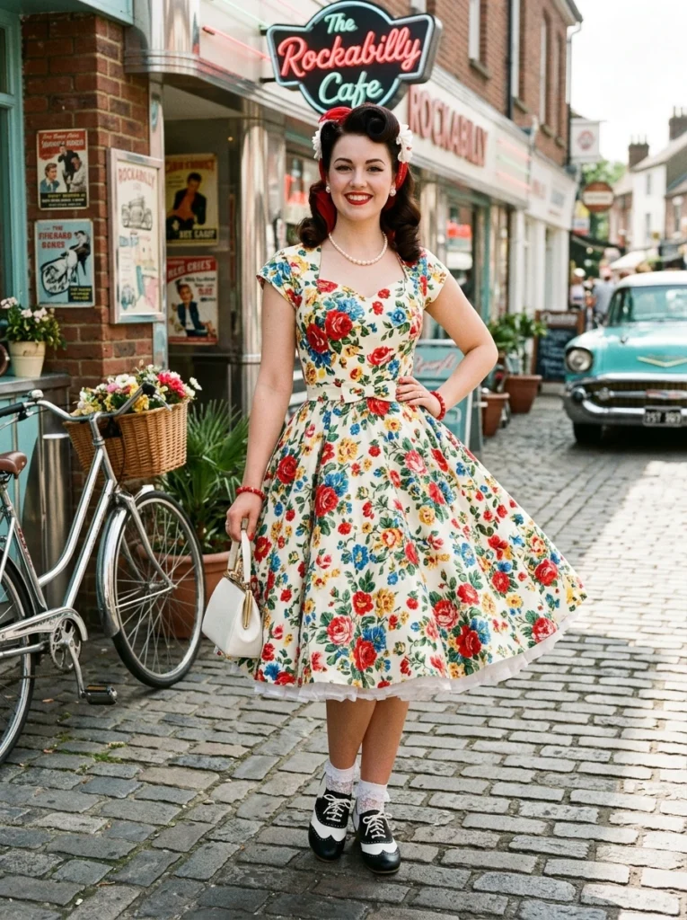 1950s Floral Rockabilly Tea Dress