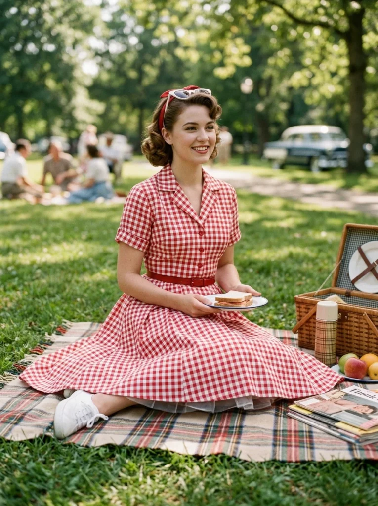 1950s Gingham Picnic Swing Dress