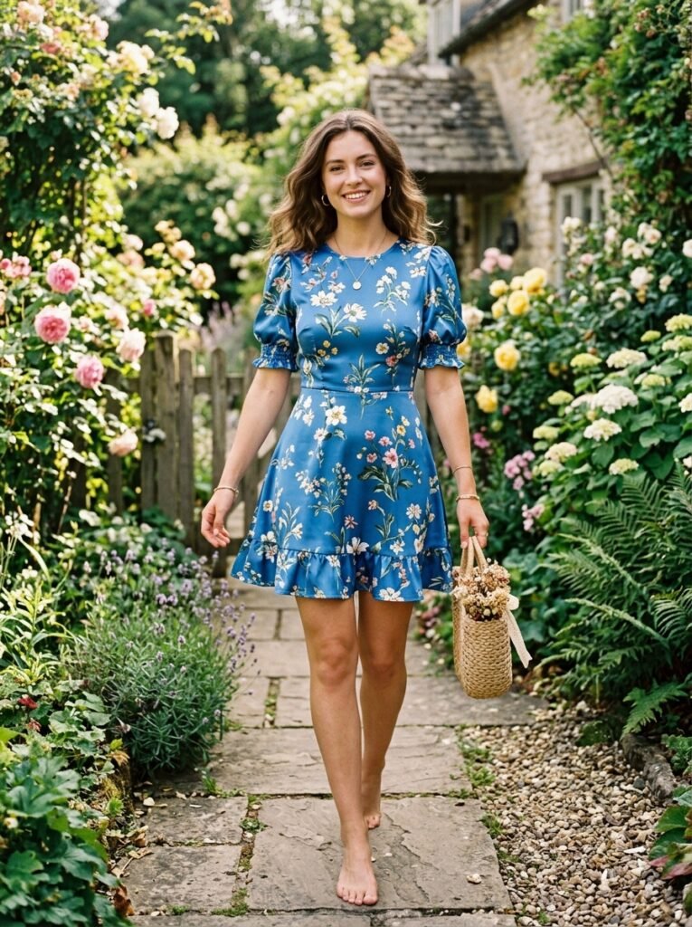 A-Line Mini Blue Floral Sat Dress
