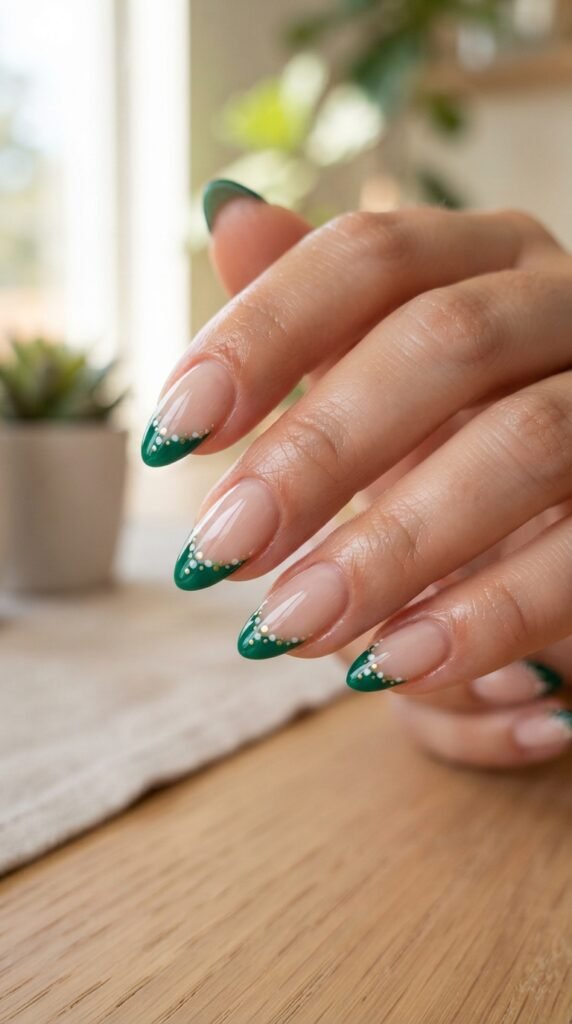 Emerald Green French Polka Dot Nail Art