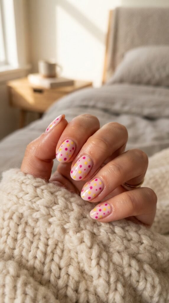 Pastel Pink Autumn Polka Dot Nail Art