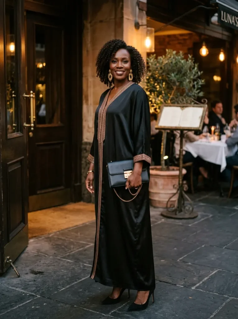 Black Satin Kaftan With Statement Earrings