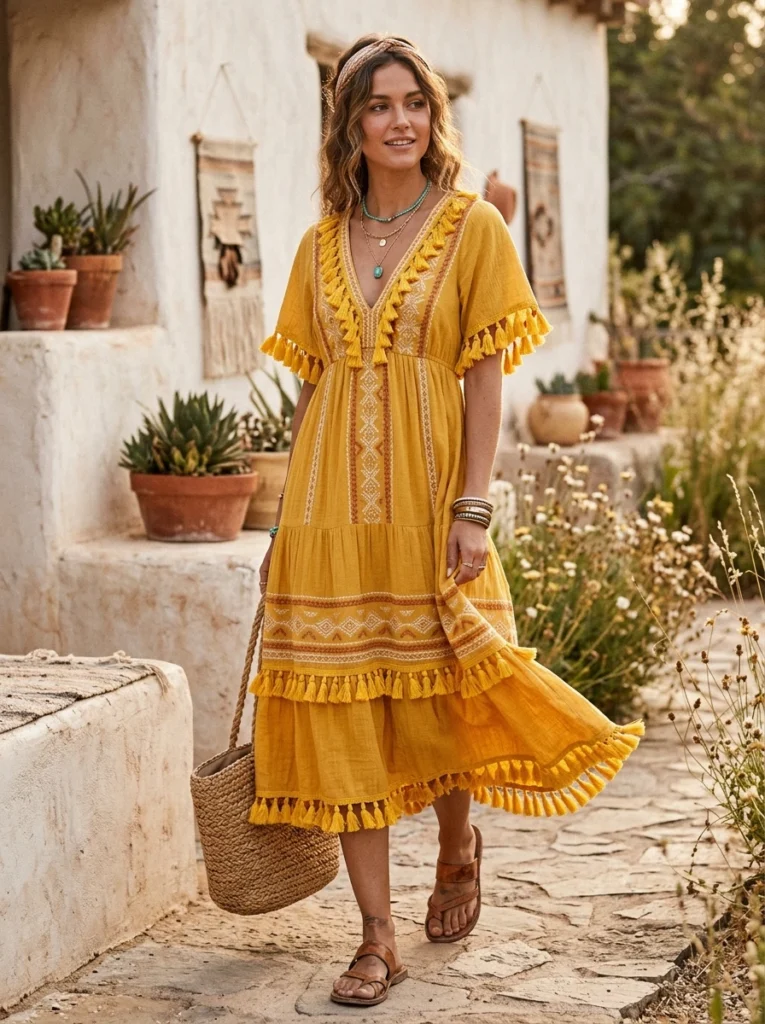 Bohemian Yellow Tassel Fringe Dress