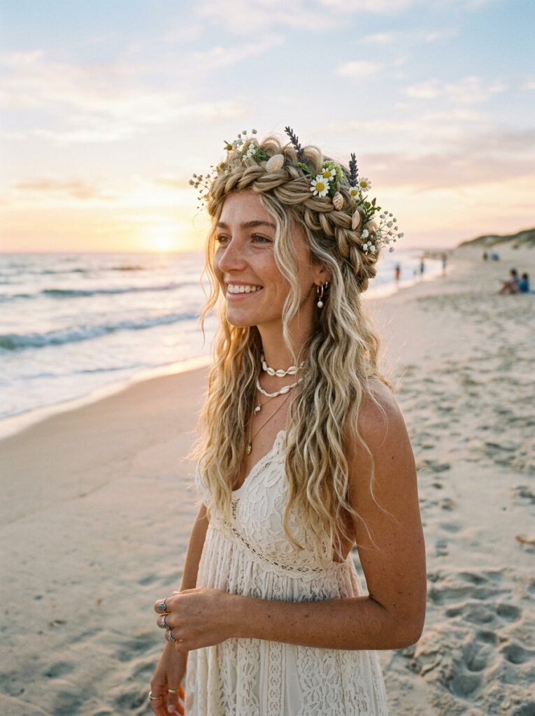 Boho Braided Crown Beach Hairstyle