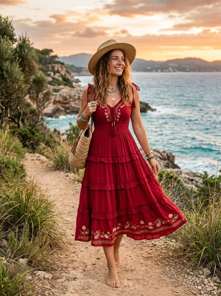. Boho Crimson Tiered Sundress