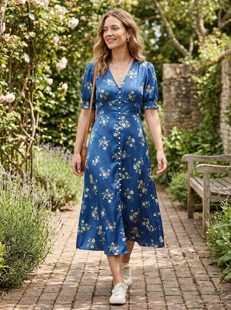 Button-Front Blue Floral Sat Dress