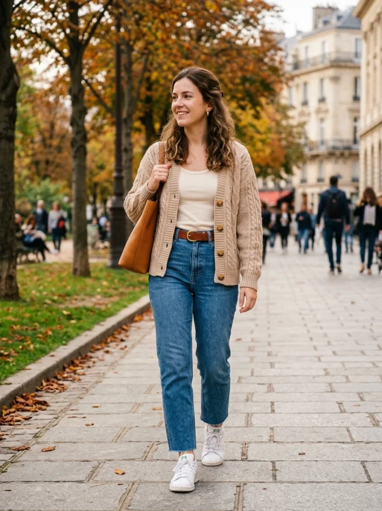 Button-Front Cardigan with Denim