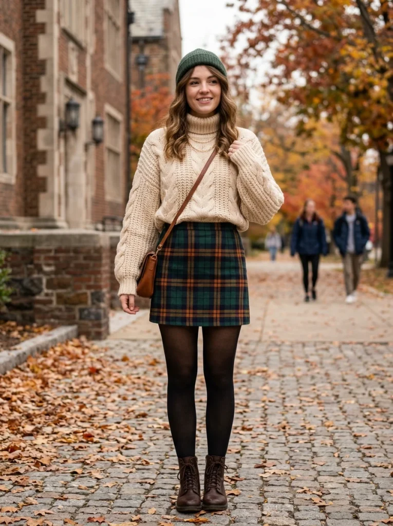 Chunky Knit Sweater and Plaid Mini Skirt