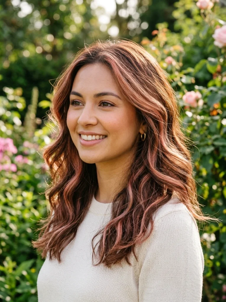 Cinnamon Brown Hair with Light Coral Pink Highlights