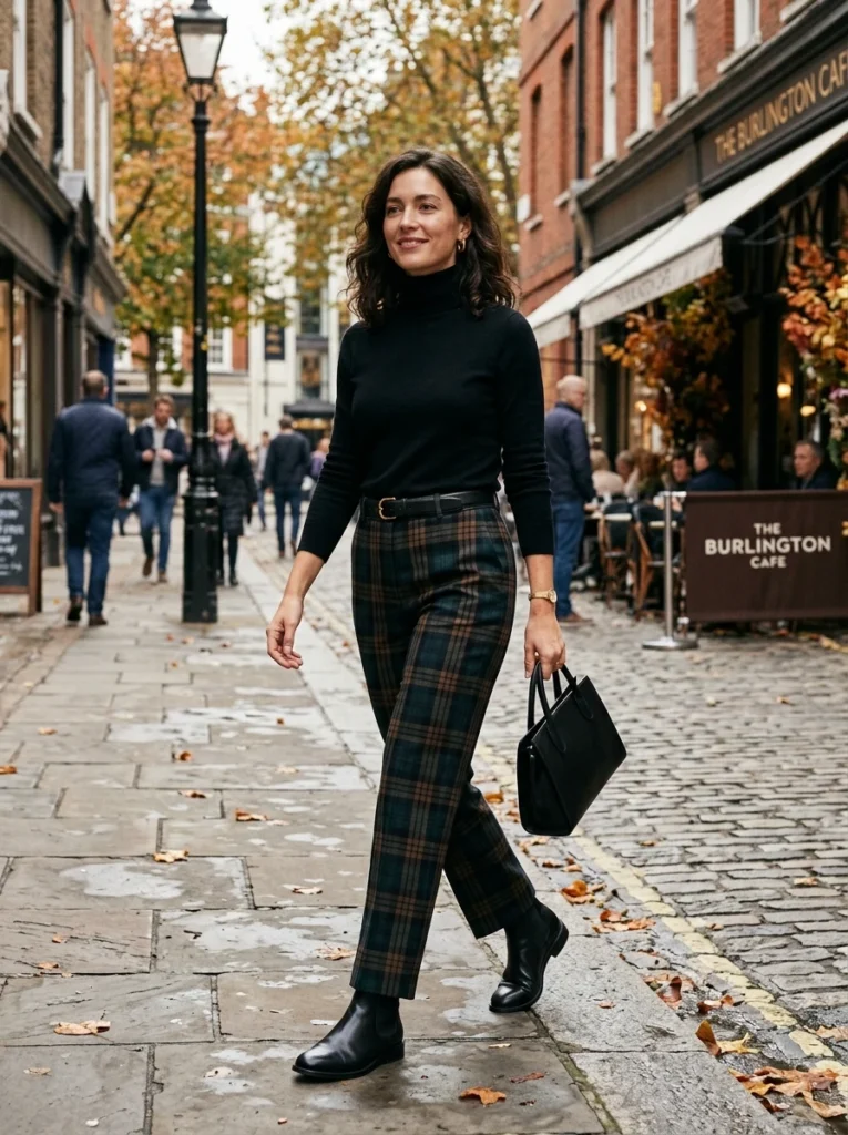 Classic Black Turtleneck and Plaid Trousers