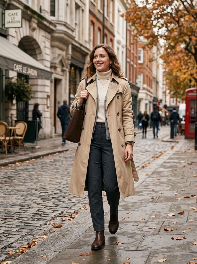 Classic Trench Coat over Neutral Layers