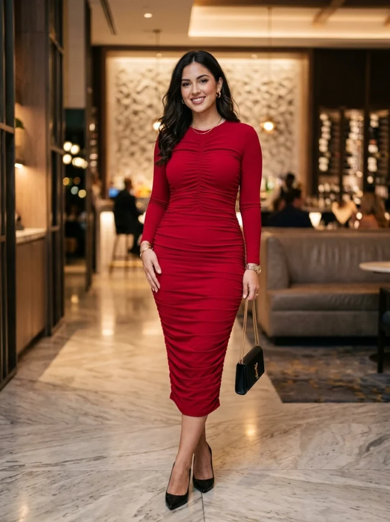 Crimson Bodycon Dress with Ruched Details