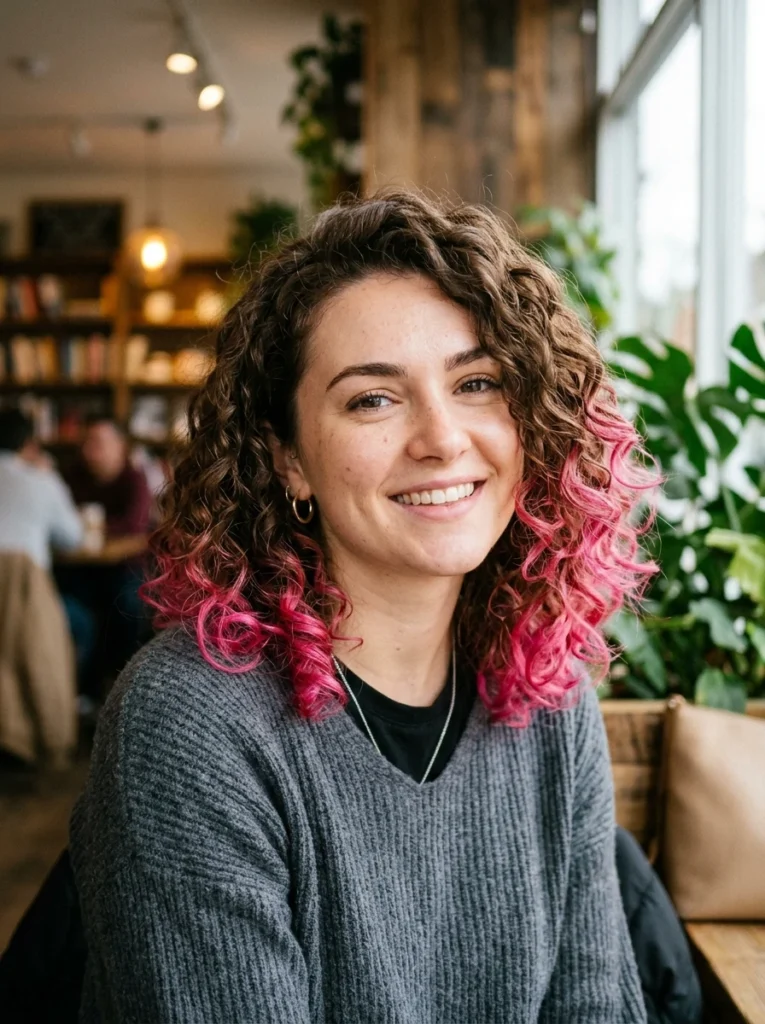 Curly Brown Bob with Pink Dip-Dye Tips