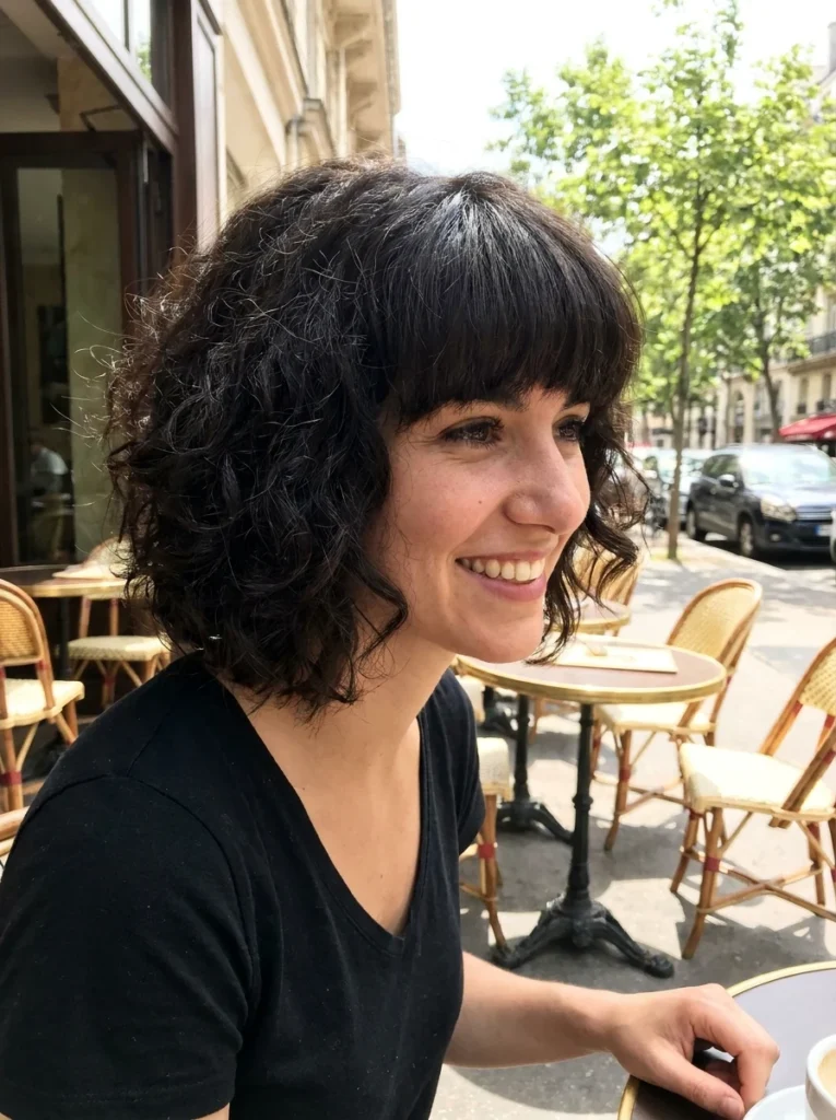 Curly French Bob with Full Fringe