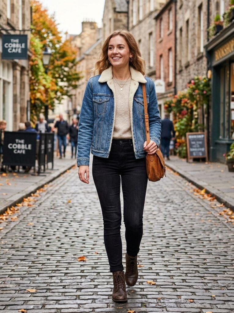 Denim Jacket with Sherpa Lining and Black Jeans