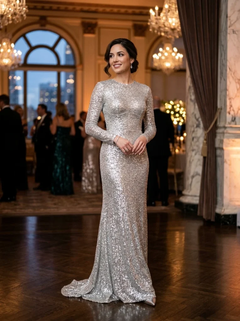 Elegant Silver Long Sleeve Sequin Dress