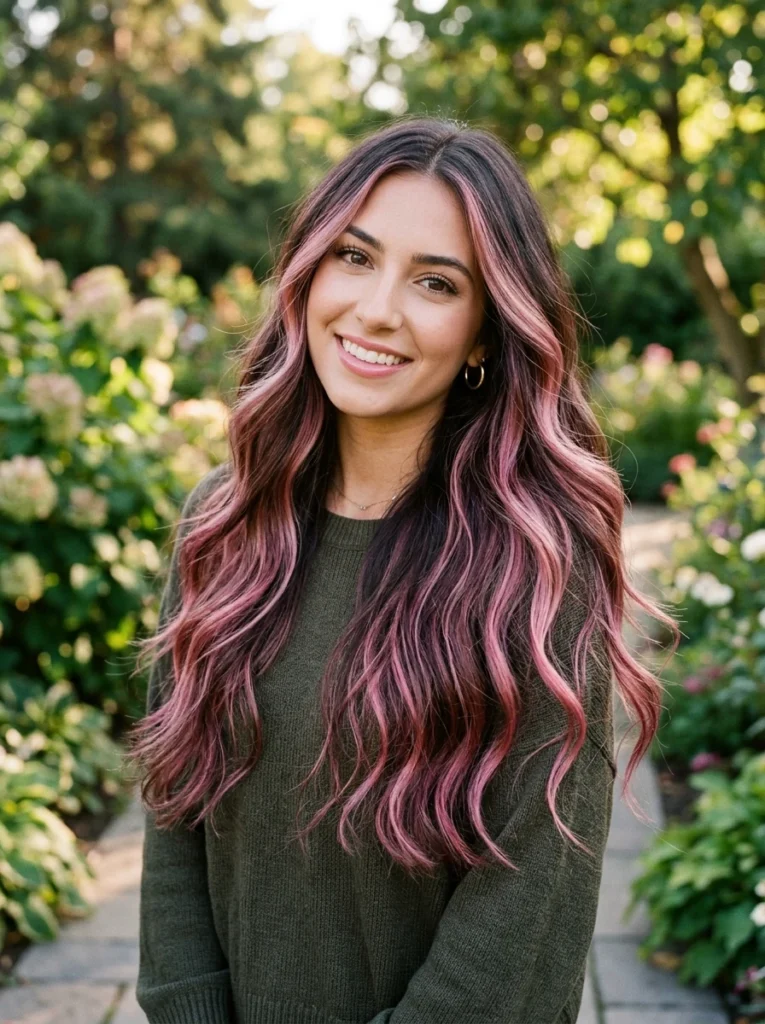 Mahogany Brown Hair with Burgundy-Pink Highlights