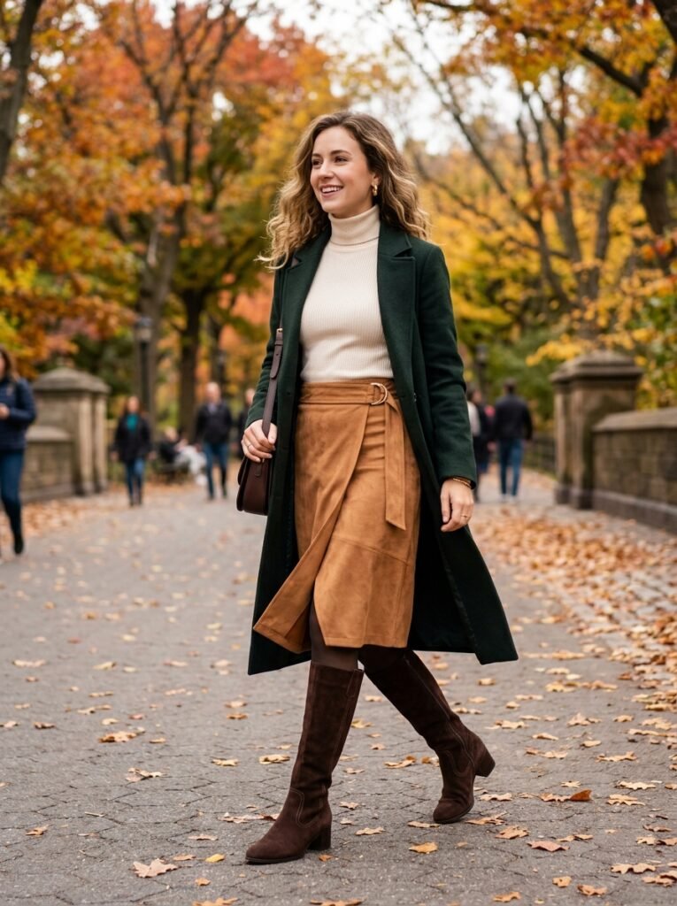 Faux Suede Wrap Skirt with Knee Boots