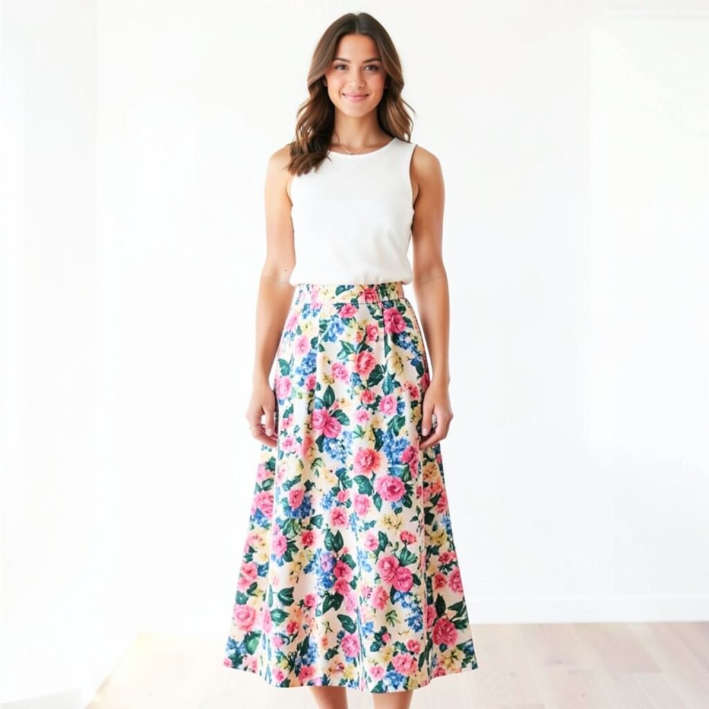 Floral Midi Skirt and Simple Top