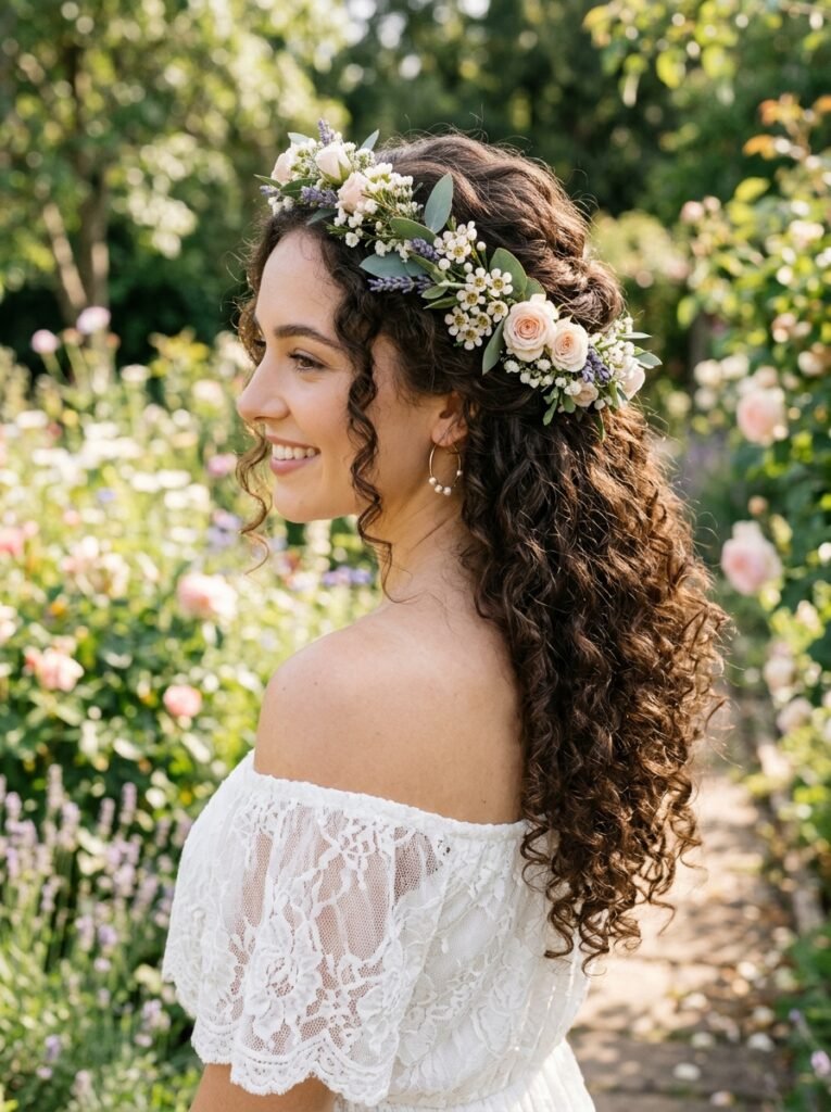 Half-Up Half-Down Curls with Floral Garland