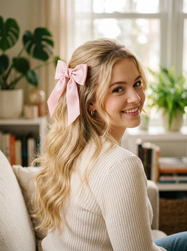 Half-Up Half-Down with a Pink Bow