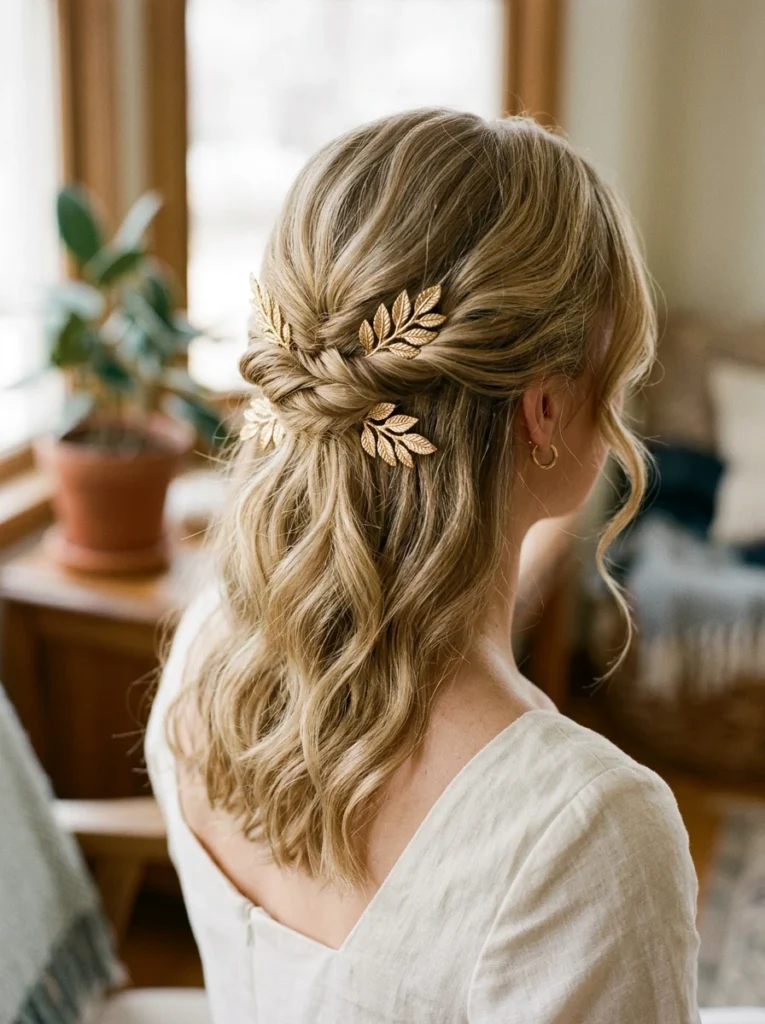 Half-Up Twist with Gold Leaf Pins