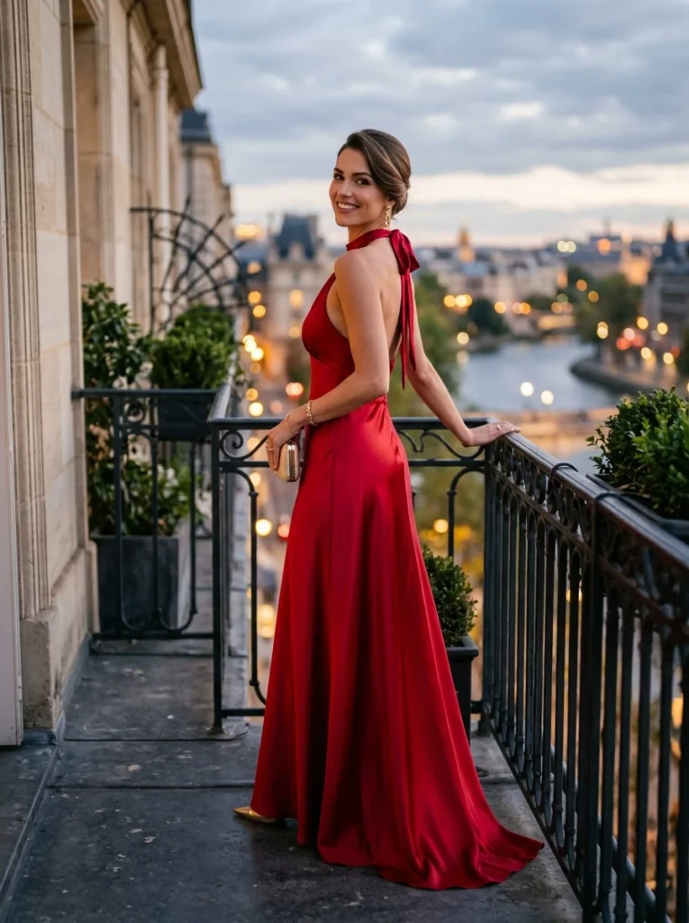 Halter Neck Crimson Satin Dress