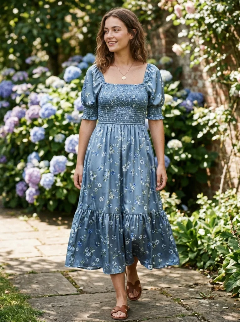High-Low Hem Blue Floral Sat Dress