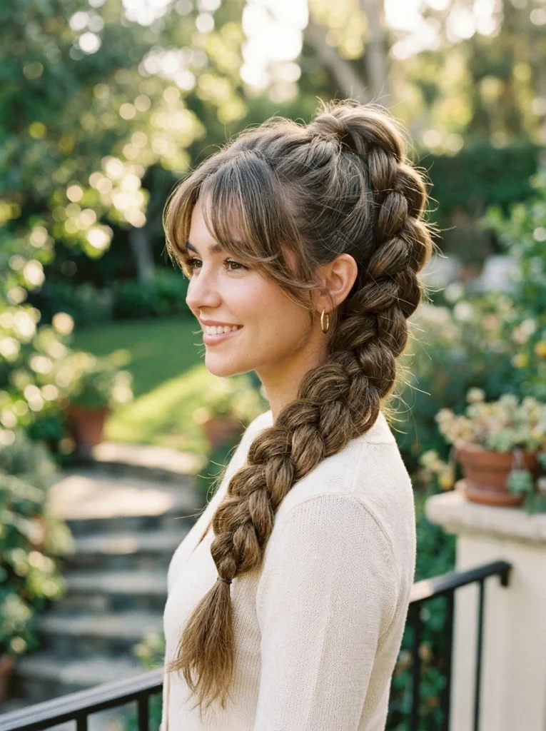 High Voluminous Braid with Curtain Bangs