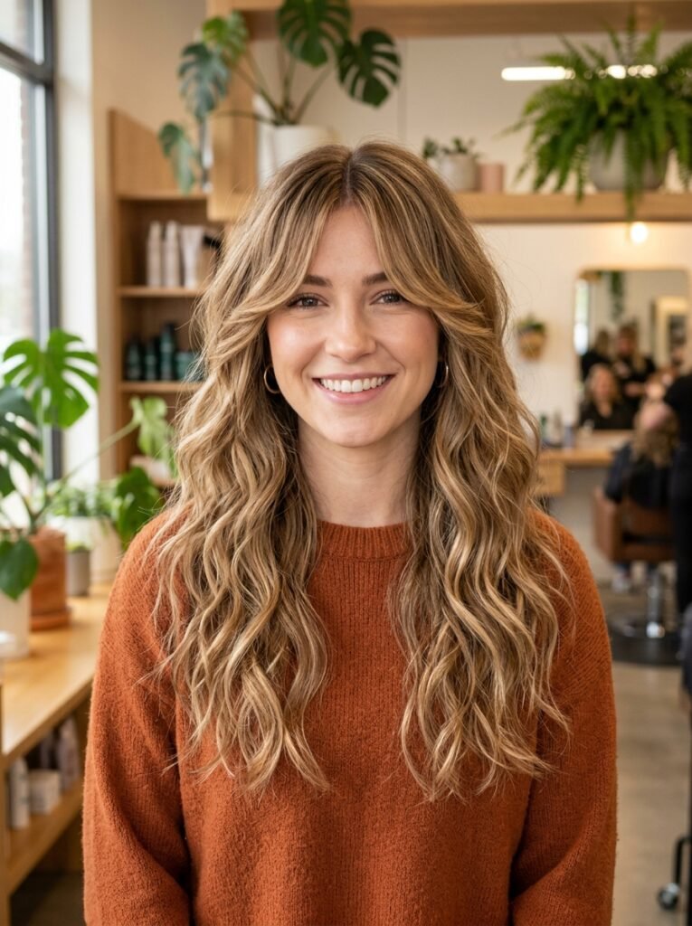 Layered Wavy Hair with Center-Parted Bangs