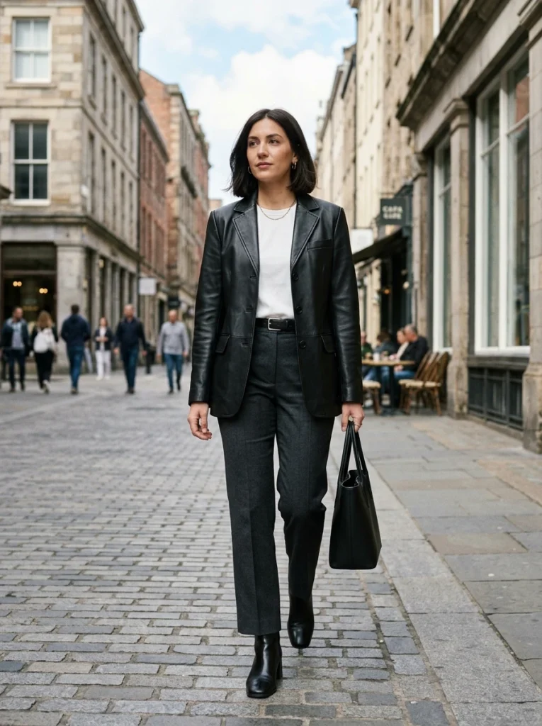 Leather Blazer and Straight-Leg Trousers