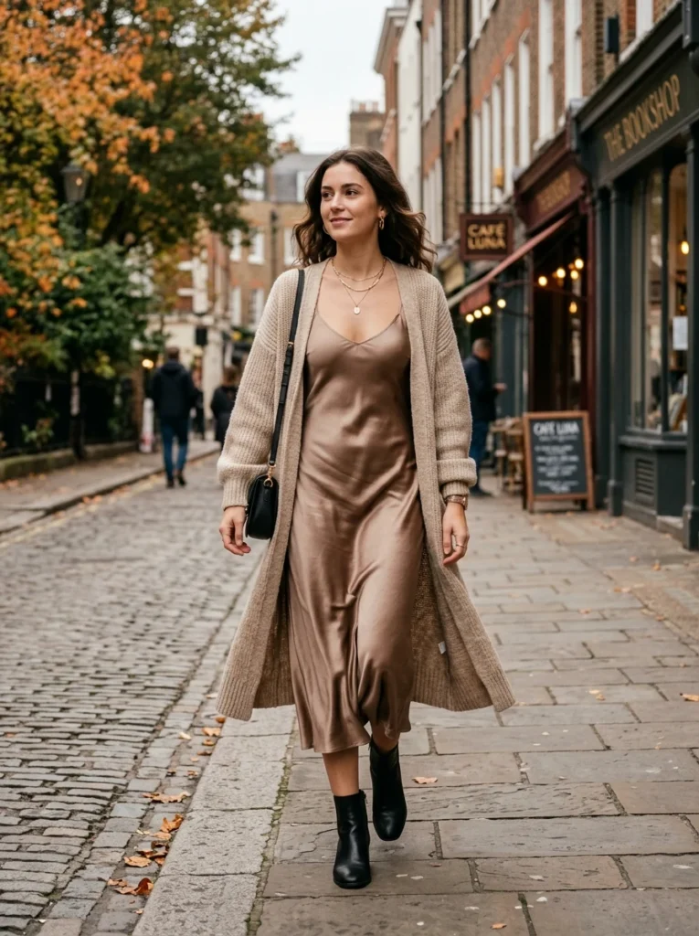 Long Cardigan over a Satin Slip Dress